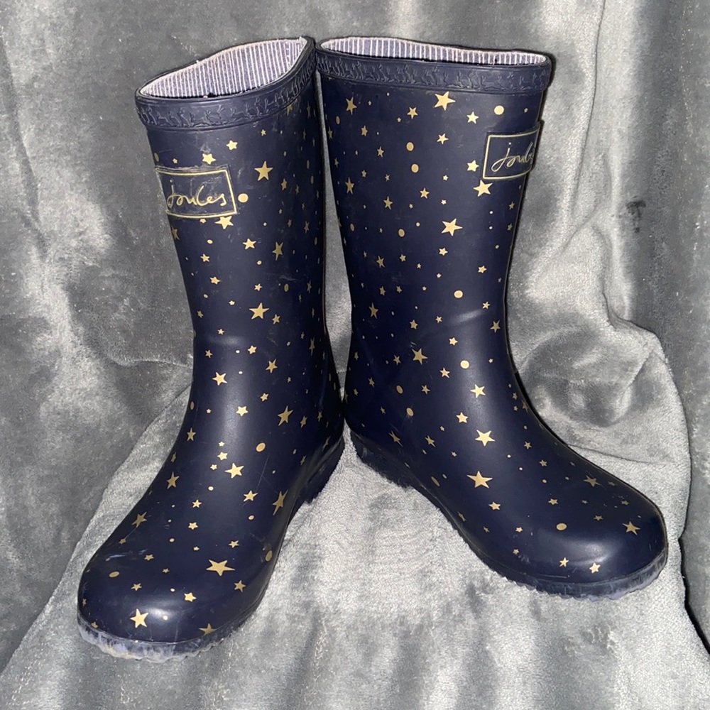 Joules Junior Roll Up Wellies Girls Navy Gold Stars Rain Boots